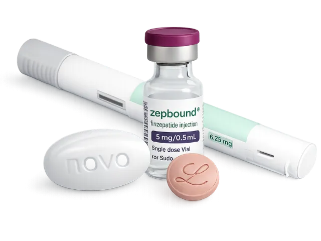 Brand-name GLP-1 medications including Wegovy, Zepbound, and oral pills